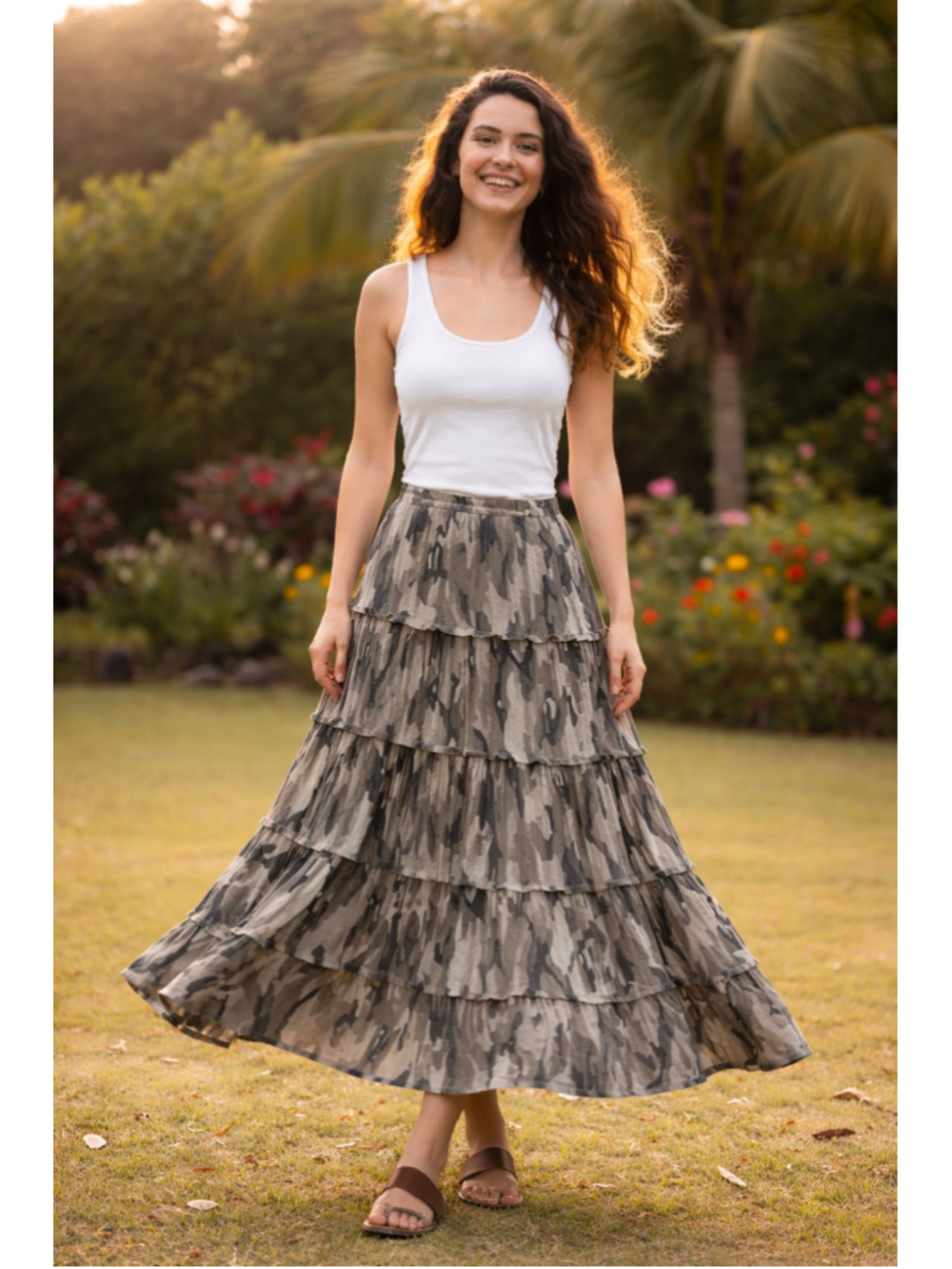 Magazine Vintage Camo Tiered Maxi Skirt M Green